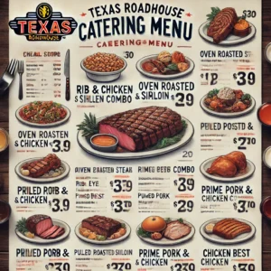 Texas Roadhouse Catering Menu showcasing various meal options including Rib & Chicken Combo, Ribeye Steak, Oven Roasted Sirloin, Pulled Pork & Chicken Combo, Prime Rib & Chicken Combo, and Chicken Breast with updated prices for each dish.