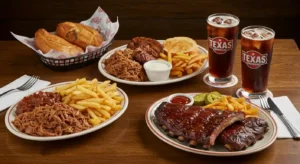 Texas Roadhouse family meal platter with ribs, grilled chicken, steak, and sides, served on a rustic wooden table for a hearty meat-lover’s dinner