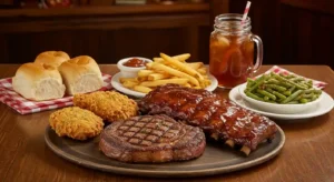Texas Roadhouse-style meal featuring a juicy grilled ribeye steak, saucy baby back ribs