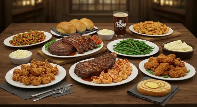 A mouth-watering spread of Texas Roadhouse catering dishes, featuring a perfectly seared Ribeye steak