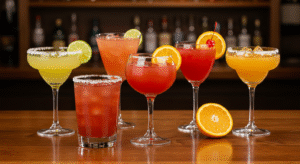 Assorted Texas Roadhouse cocktails including margaritas, Kenny’s Cooler, and sangria on a rustic wooden bar.