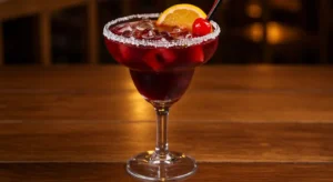 Texas Roadhouse Sangria Margarita with burgundy swirl, orange slice, and cherry on a rustic wooden table.