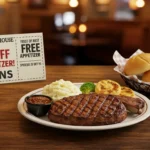 Texas Roadhouse meal with steak, ribs, and a visible coupon.