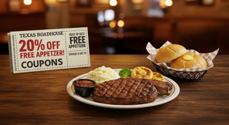 Texas Roadhouse meal with steak, ribs, and a visible coupon.