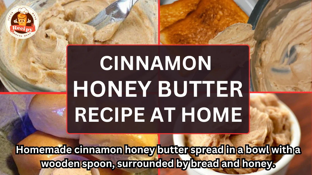 Homemade cinnamon honey butter spread in a bowl with a wooden spoon, surrounded by bread and honey.