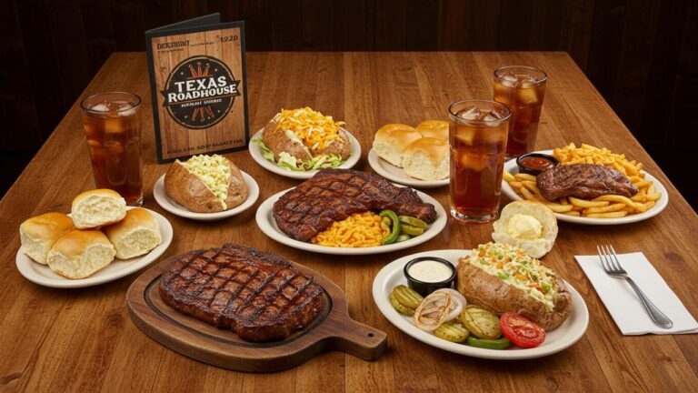 Texas Roadhouse dishes including steak, ribs, and sides with printed menu in the background