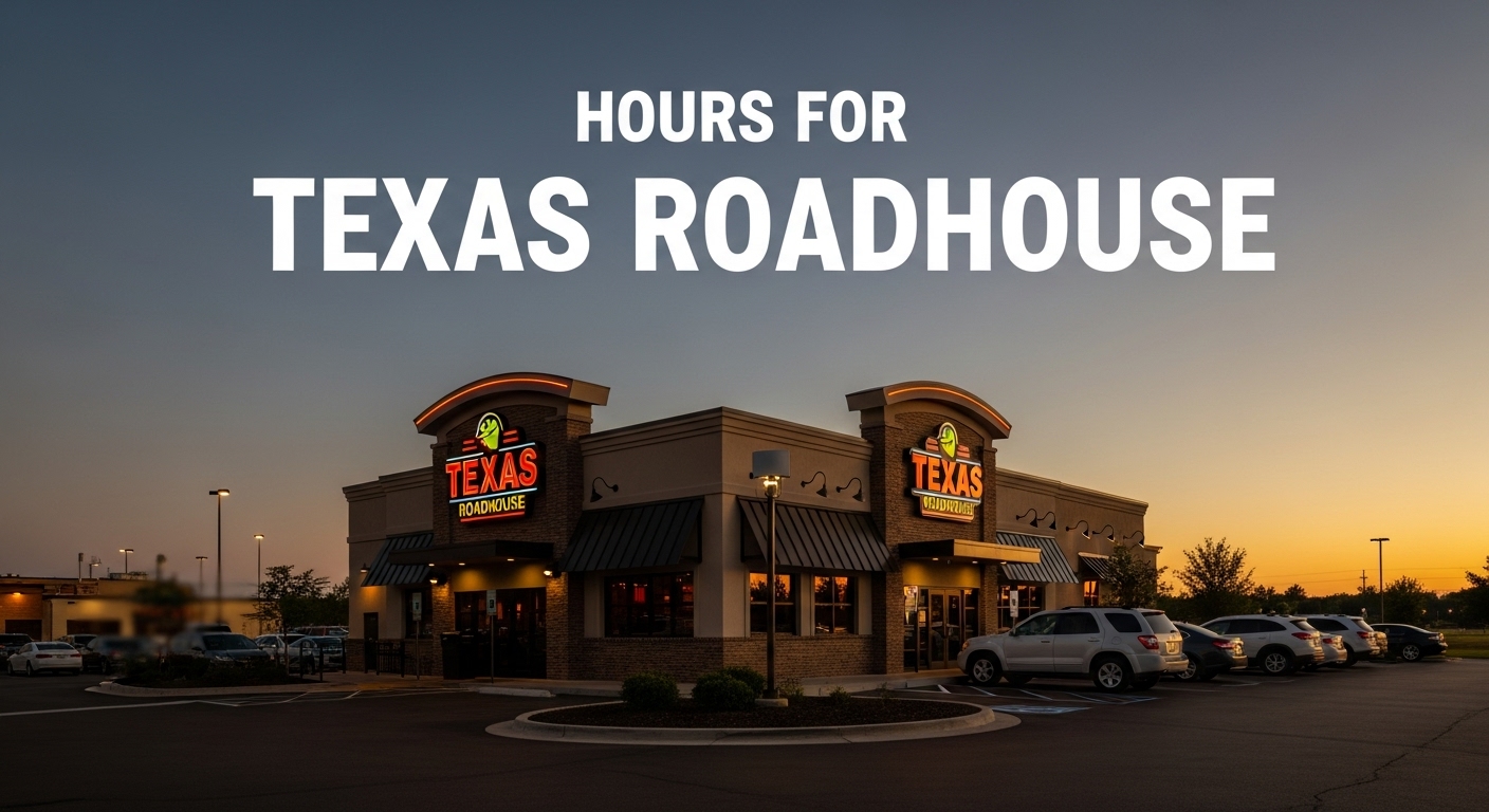 Texas Roadhouse exterior during evening with heading text overlay: Hours for Texas Roadhouse
