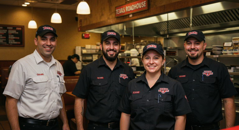Texas Roadhouse employees working together in a friendly, fast-paced restaurant setting