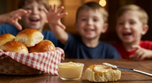 Freshly baked Texas Roadhouse rolls with cinnamon honey butter on a rustic wooden table, as smiling kids reach eagerly to grab one.