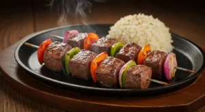 Grilled Texas Roadhouse-style steak kabobs with bell peppers and onions on a sizzling hot plate, served with seasoned rice on a rustic wooden table.