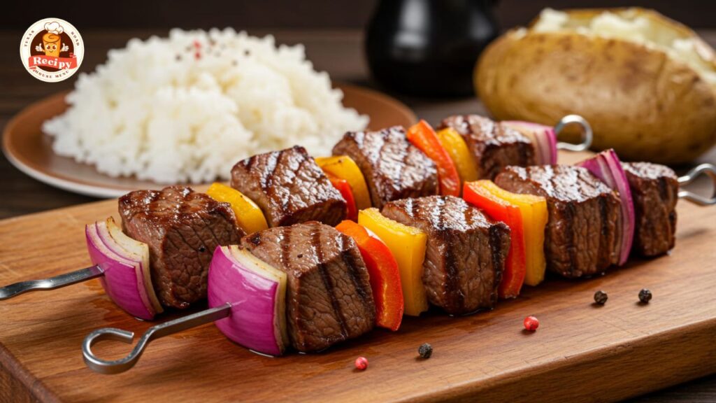 Juicy grilled steak kabobs with vegetables served Texas Roadhouse-style on a wooden board with a side dish