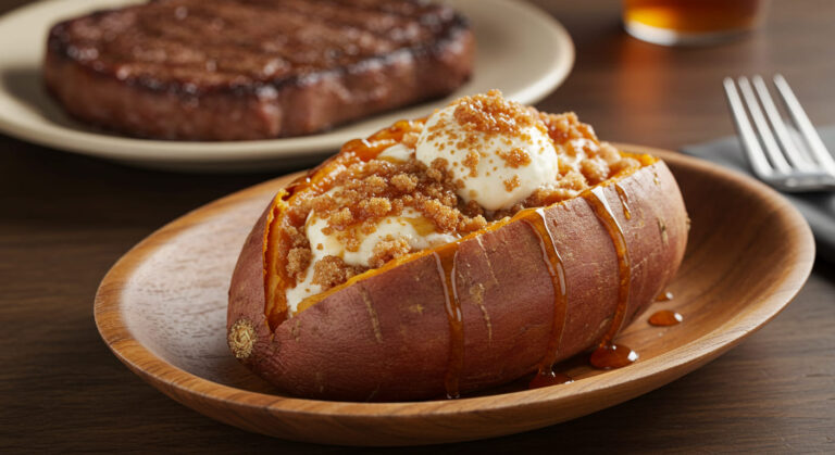 Baked Texas Roadhouse sweet potato topped with cinnamon butter and brown sugar, served on a rustic plate with a steak in the background.