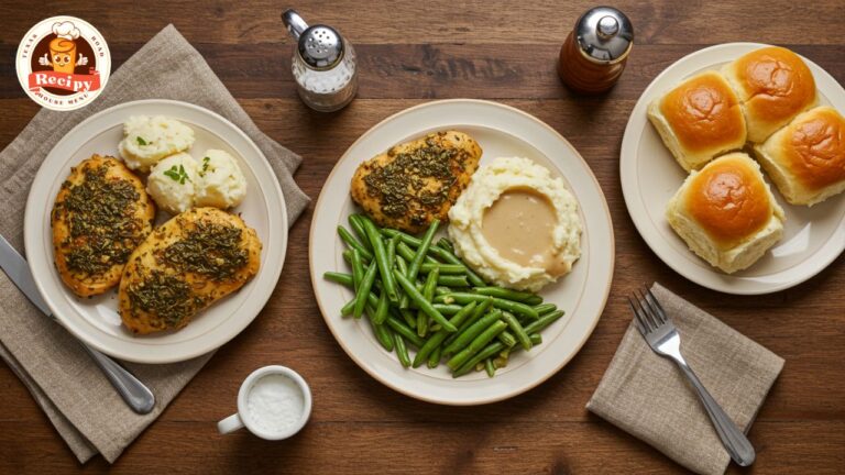 Texas Roadhouse family meal with chicken, green beans, mashed potatoes, and rolls on a dinner table with a family gathered around