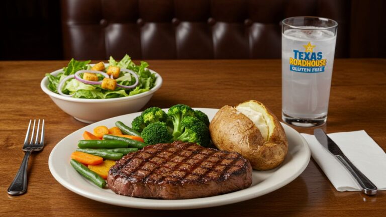 Gluten-free Texas Roadhouse meal with grilled steak, salad, vegetables, and baked potato on a wooden restaurant table