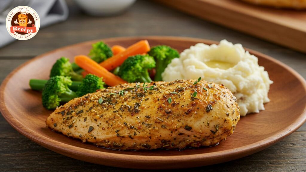 Texas Roadhouse-style herb crusted chicken breast with mashed potatoes and vegetables on a rustic plate
