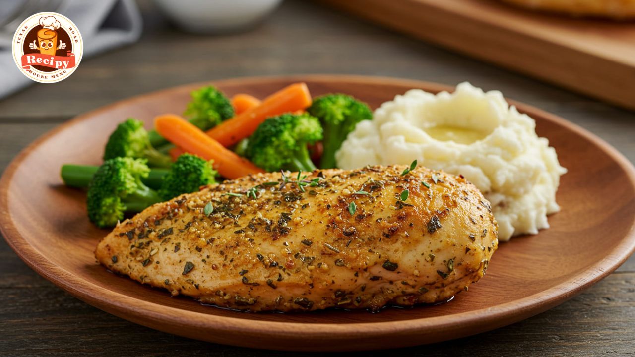 Texas Roadhouse-style herb crusted chicken breast with mashed potatoes and vegetables on a rustic plate