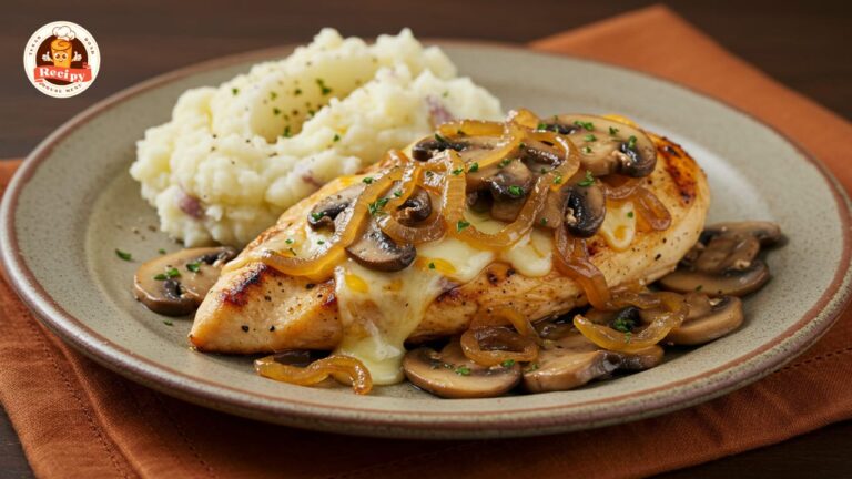 Grilled Texas Roadhouse-style smothered chicken topped with melted cheese, sautéed onions, and mushrooms, served with mashed potatoes