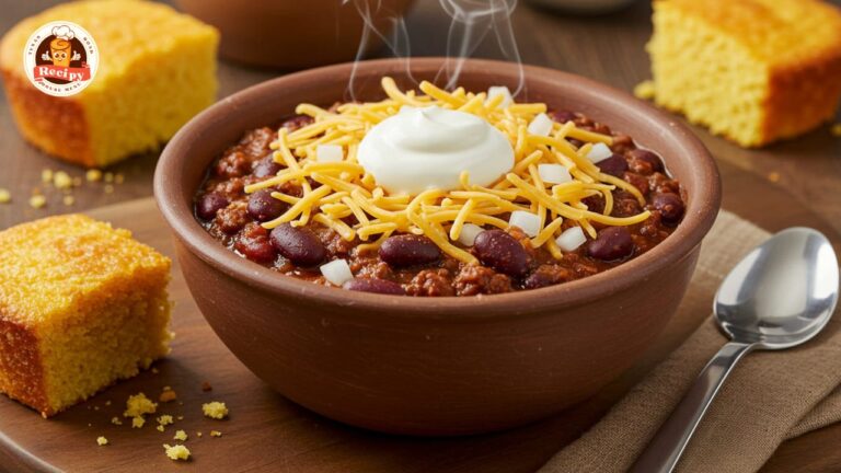 Texas Roadhouse chili served in a bowl with cheese, onions, and sour cream on a wooden table with cornbread
