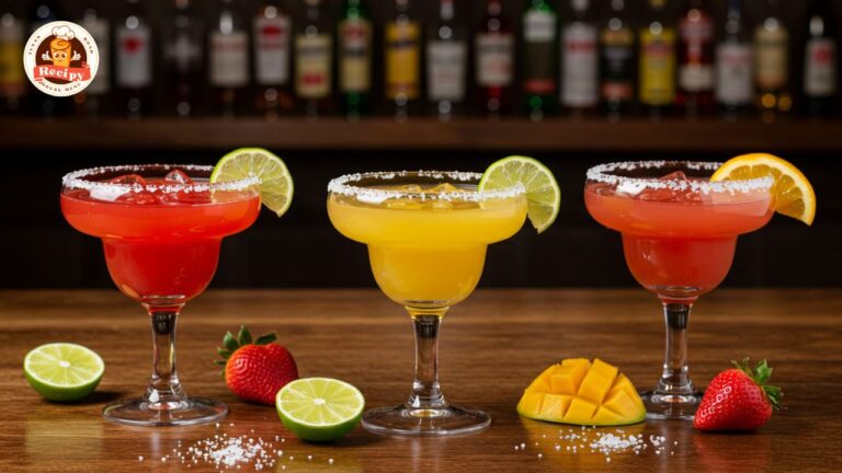 Texas Roadhouse margaritas in various flavors on a rustic bar counter with lime and fruit garnishes