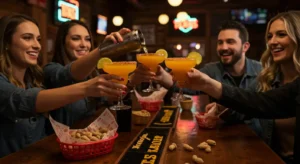 Friends enjoying margaritas at Texas Roadhouse bar, capturing the full margarita experience with vibrant drinks and lively atmosphere