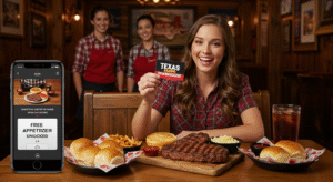 Happy customer using Texas Roadhouse loyalty program to unlock free food and exclusive dining perks in 2025
