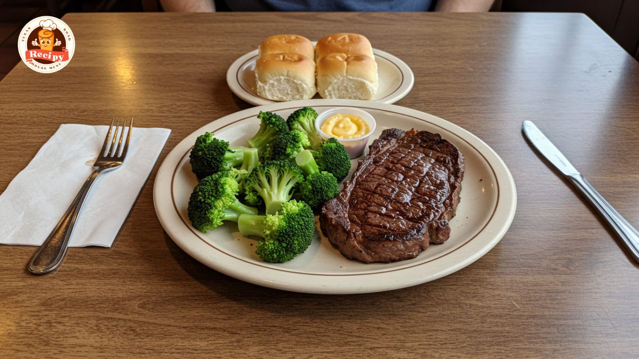 Allergy-safe Texas Roadhouse meal with plain steak, vegetables, and unbuttered rolls served in a clean restaurant setting