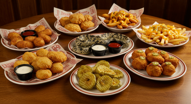 Texas Roadhouse appetizers including Fried Pickles, Cactus Blossom, and Cheese Fries on a rustic table