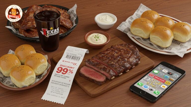 Texas Roadhouse receipt with discount and digital coupon on phone next to steak and rolls