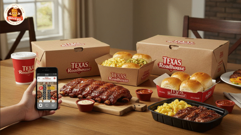 Texas Roadhouse food delivery on a home dining table with takeout containers and mobile ordering screen