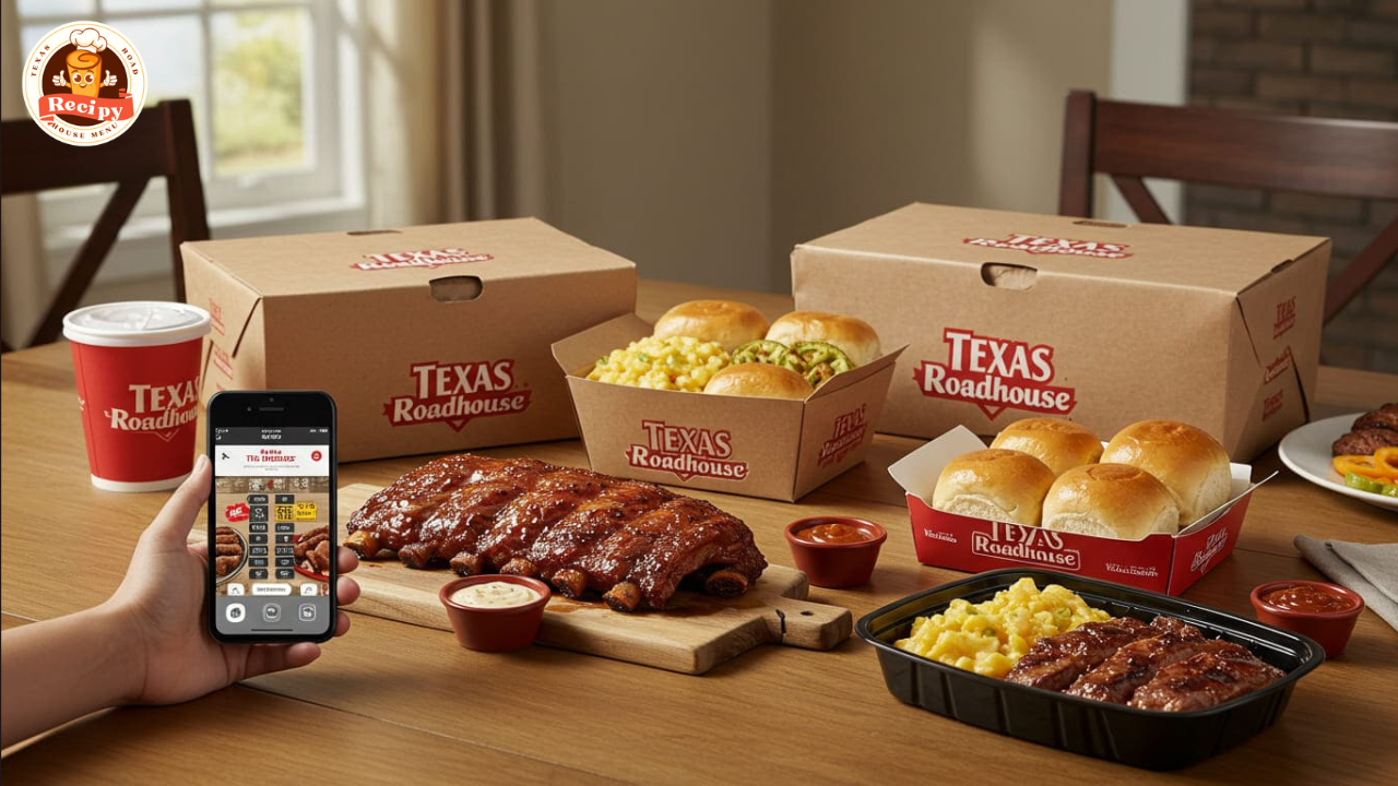 Texas Roadhouse food delivery on a home dining table with takeout containers and mobile ordering screen