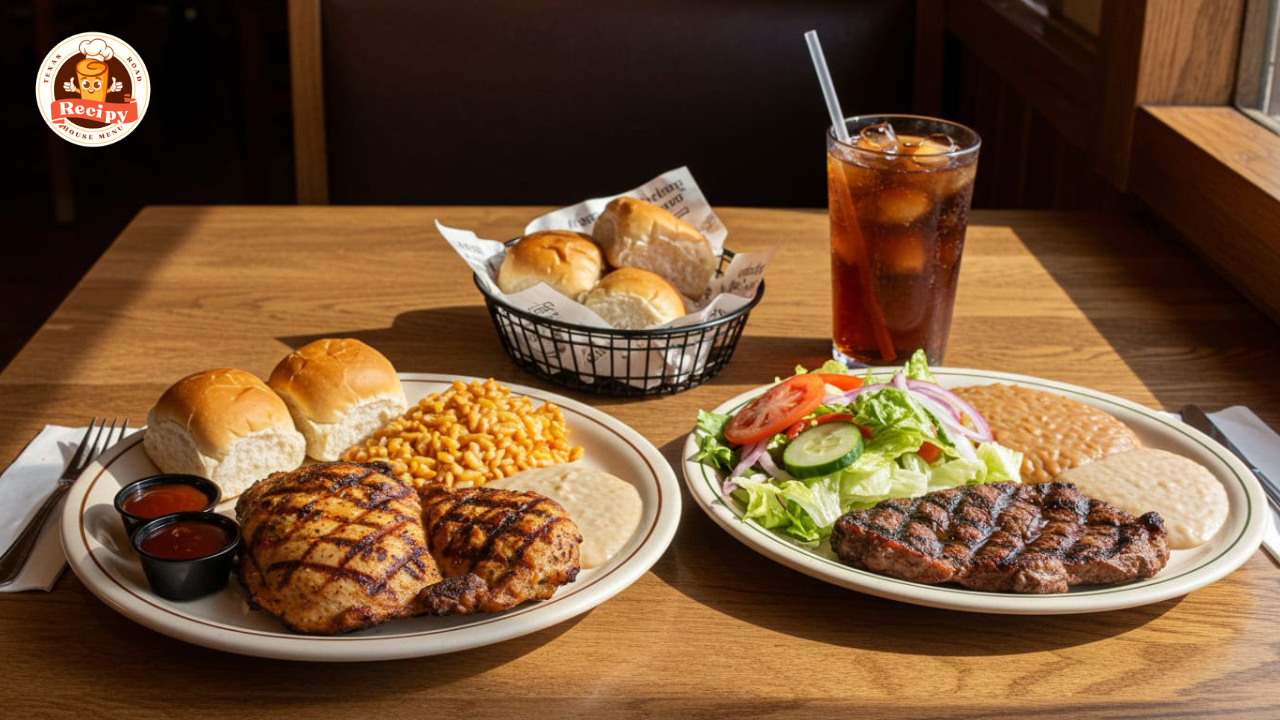 Texas Roadhouse lunch dishes including grilled steak, chicken, salad, and rolls on a daytime table setup
