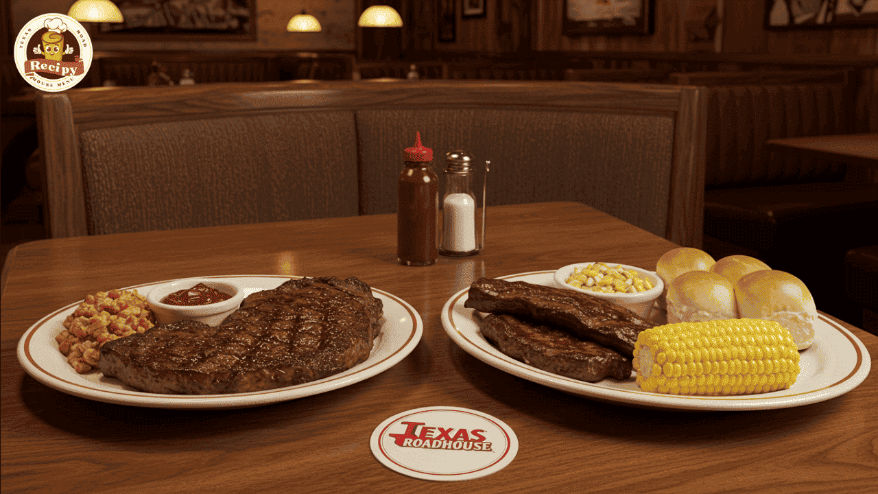 Texas Roadhouse Teterboro dine-in table with hand-cut steak, ribs, and sides, March 2025