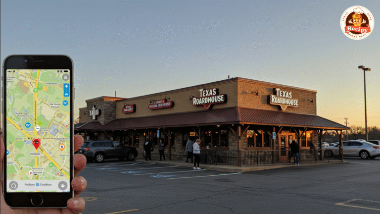 Texas Roadhouse exterior with customers arriving, location map visible on phone in foreground