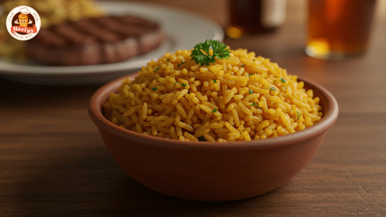 Texas Roadhouse-style seasoned rice served in a bowl with parsley, rustic kitchen background