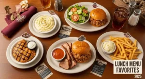 Texas Roadhouse lunch dishes including grilled chicken, pulled pork, sides