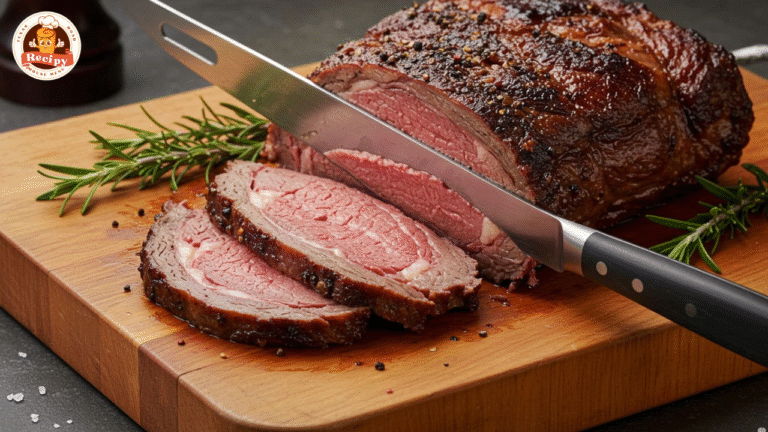 Texas Roadhouse-style prime rib sliced on a wooden cutting board with herbs and carving knife