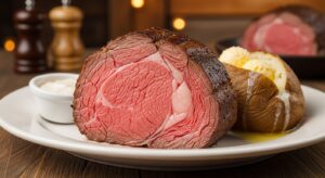 Copycat Texas Roadhouse prime rib cooked medium rare with rosemary, garlic, and horseradish sauce