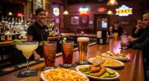 Texas Roadhouse Happy Hour drinks and appetizers served in a cozy bar setting during early evening