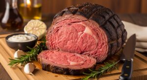 Copycat Texas Roadhouse prime rib cooked medium rare with rosemary, garlic, and horseradish sauce