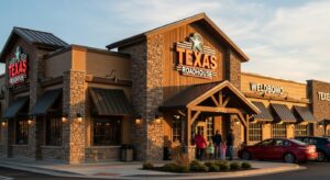 exas Roadhouse Teterboro exterior view with lit-up signage and diners arriving in June 2025