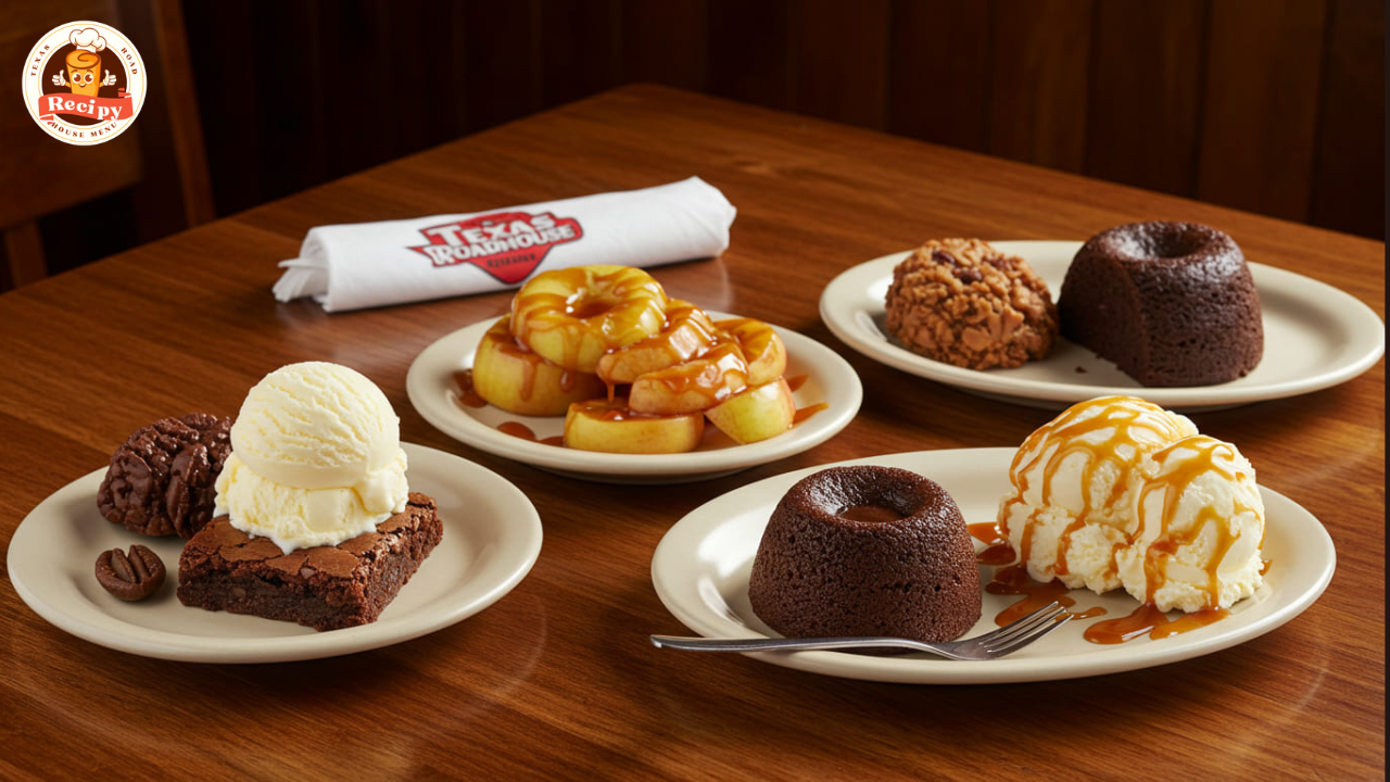 Texas Roadhouse desserts including Big Ol’ Brownie, Granny’s Apple Classic, and chocolate cake on a wooden table