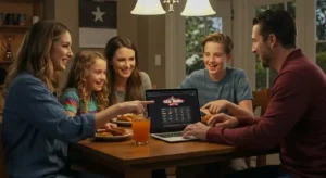 A cheerful family booking a table at Texas Roadhouse online, with kids eagerly looking at the laptop screen.