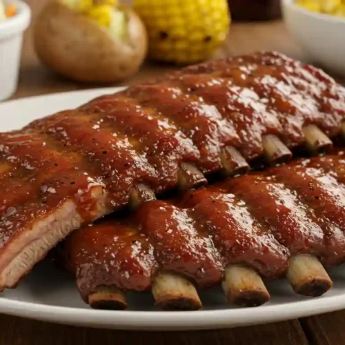 A close-up of tender, smoky baby back ribs glazed with caramelized BBQ sauce