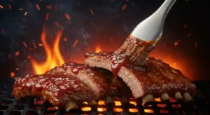 Close-up of juicy pork ribs sizzling over open flames, basted with barbecue sauce