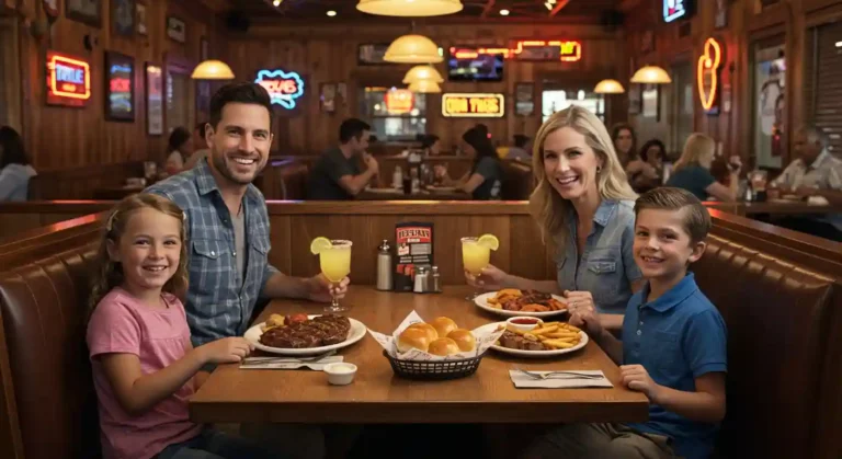 Family of four dining at Texas Roadhouse after using the online reservation system, with food and logo visible.