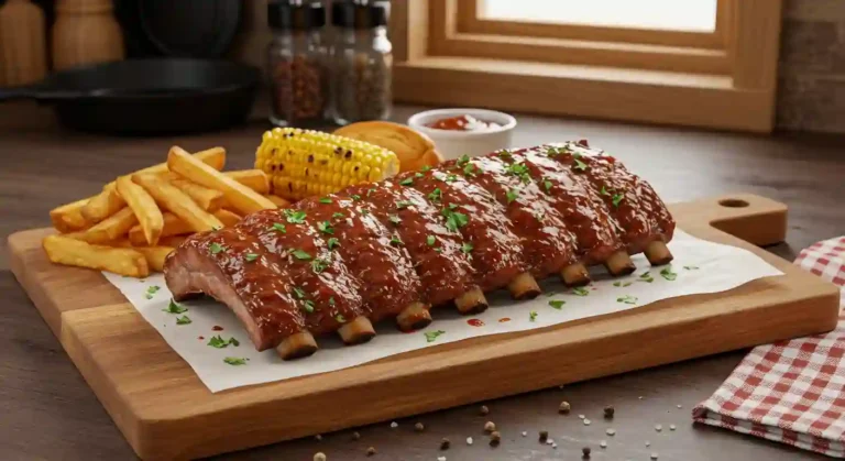 Full rack of Texas Roadhouse-style ribs glazed with barbecue sauce