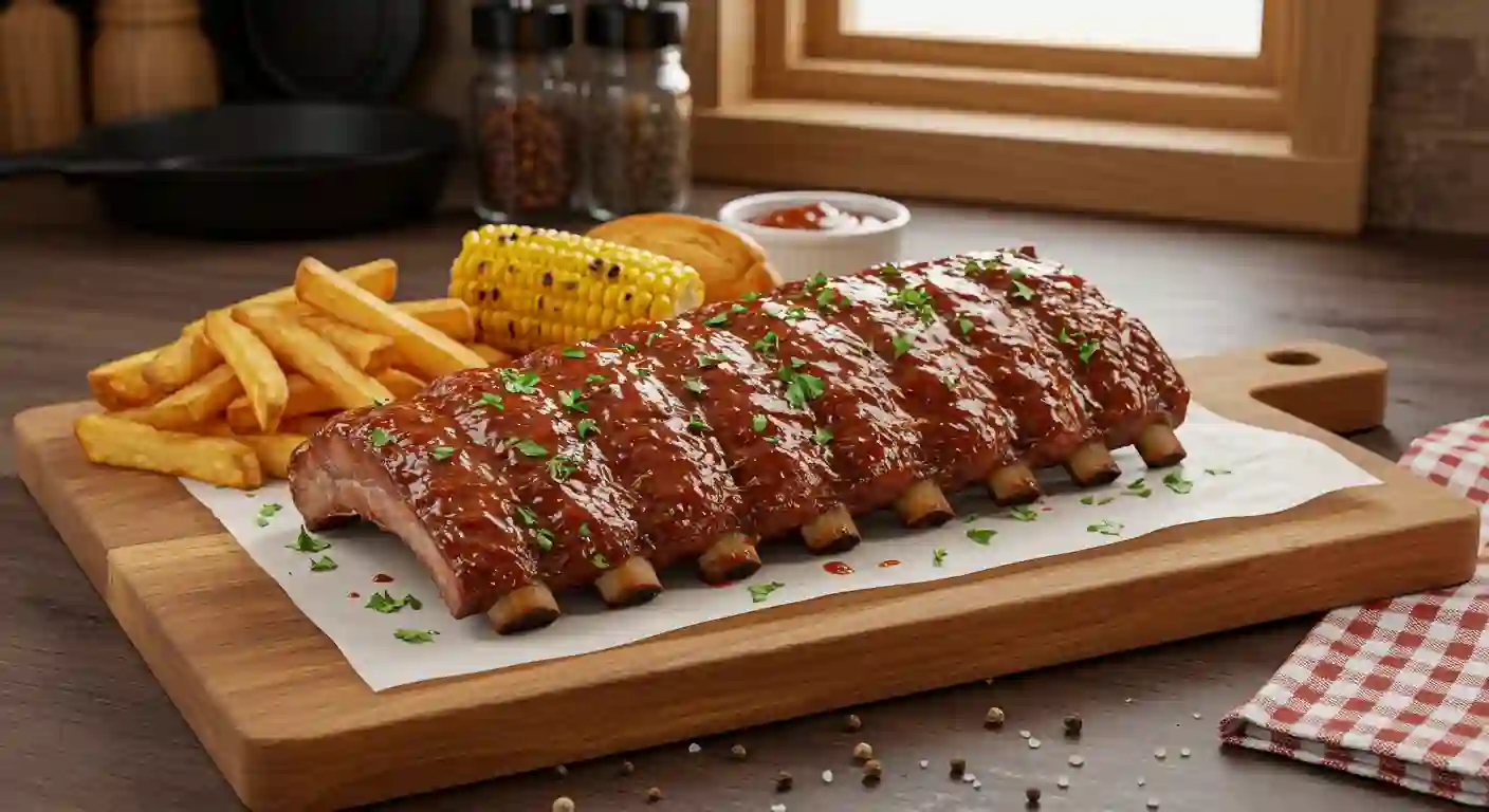 Full rack of Texas Roadhouse-style ribs glazed with barbecue sauce