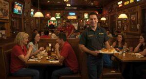 Guests enjoying a lively dining experience at Texas Roadhouse with steak dinners, fresh rolls