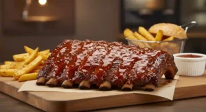 Homemade Texas Roadhouse-style ribs glazed with barbecue sauce,