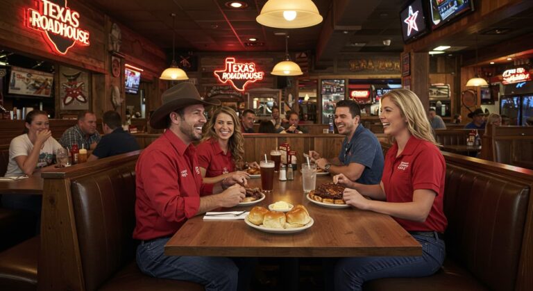 Lively dining experience at Texas Roadhouse featuring guests enjoying steaks, fresh rolls